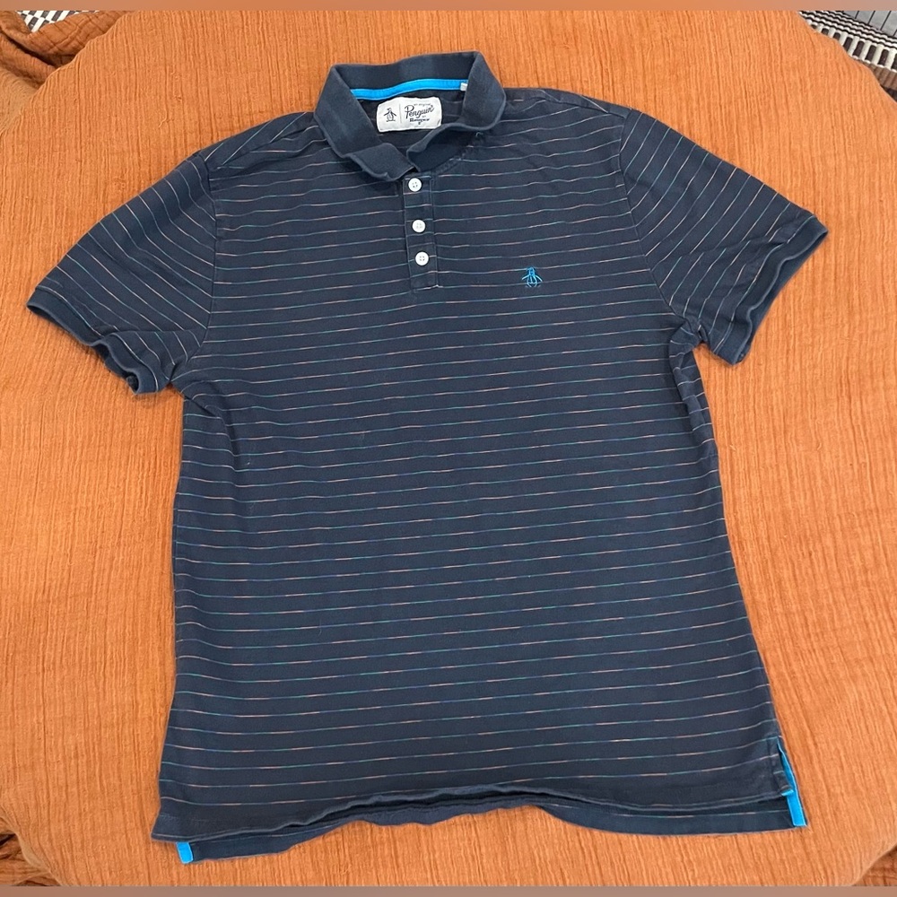 Original Penguin Men’s Polo Size Large, dark blue with stripes, 100% Cotton
